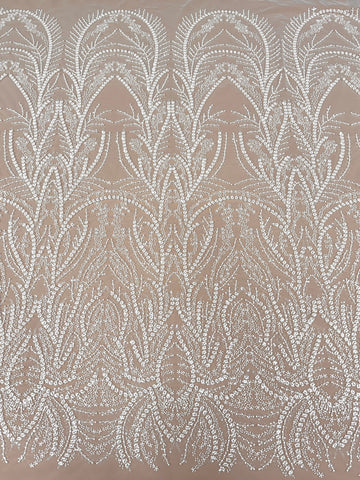 Dantela Ivory cu Model Geometric, cu Perle, Margele si Paiete