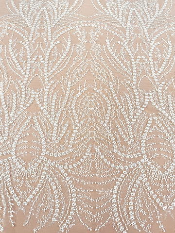 Dantela Ivory cu Model Geometric, cu Perle, Margele si Paiete