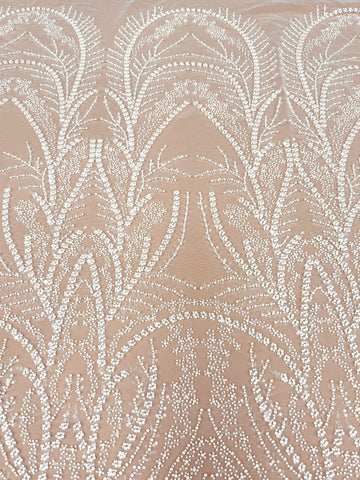 Dantela Ivory cu Model Geometric, cu Perle, Margele si Paiete