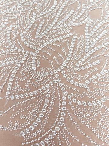 Dantela Ivory cu Model Geometric, cu Perle, Margele si Paiete