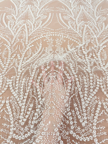 Dantela Ivory cu Model Geometric, cu Perle, Margele si Paiete