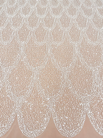 Dantela Ivory cu Model Geometric, cu Perle, Margele si Paiete