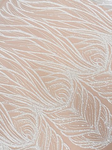 Dantela Ivory cu Model Geometric, cu Perle, Margele si Paiete