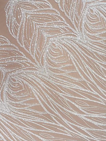 Dantela Ivory cu Model Geometric, cu Perle, Margele si Paiete