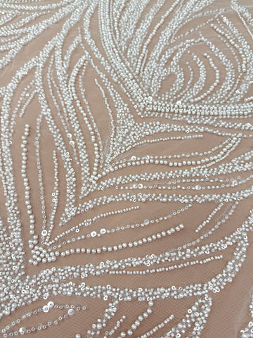 Dantela Ivory cu Model Geometric, cu Perle, Margele si Paiete