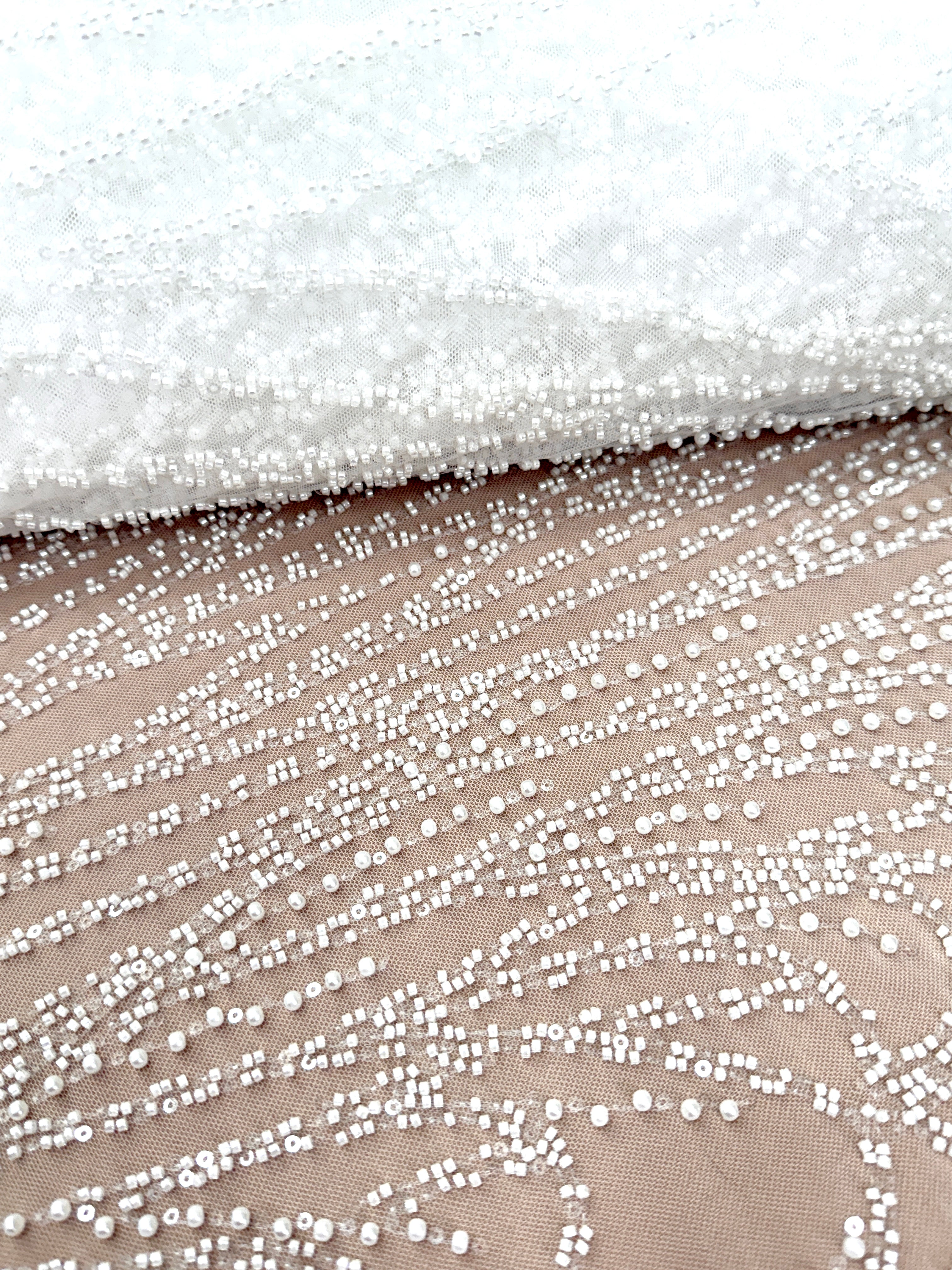 Ivory Lace with Linear Pattern, with Beads and Sequins