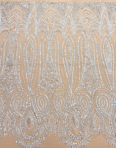 Dantela Couture Argintie pe Tulle Nude cu Model Geometric, cu Perle, Margele si Paiete