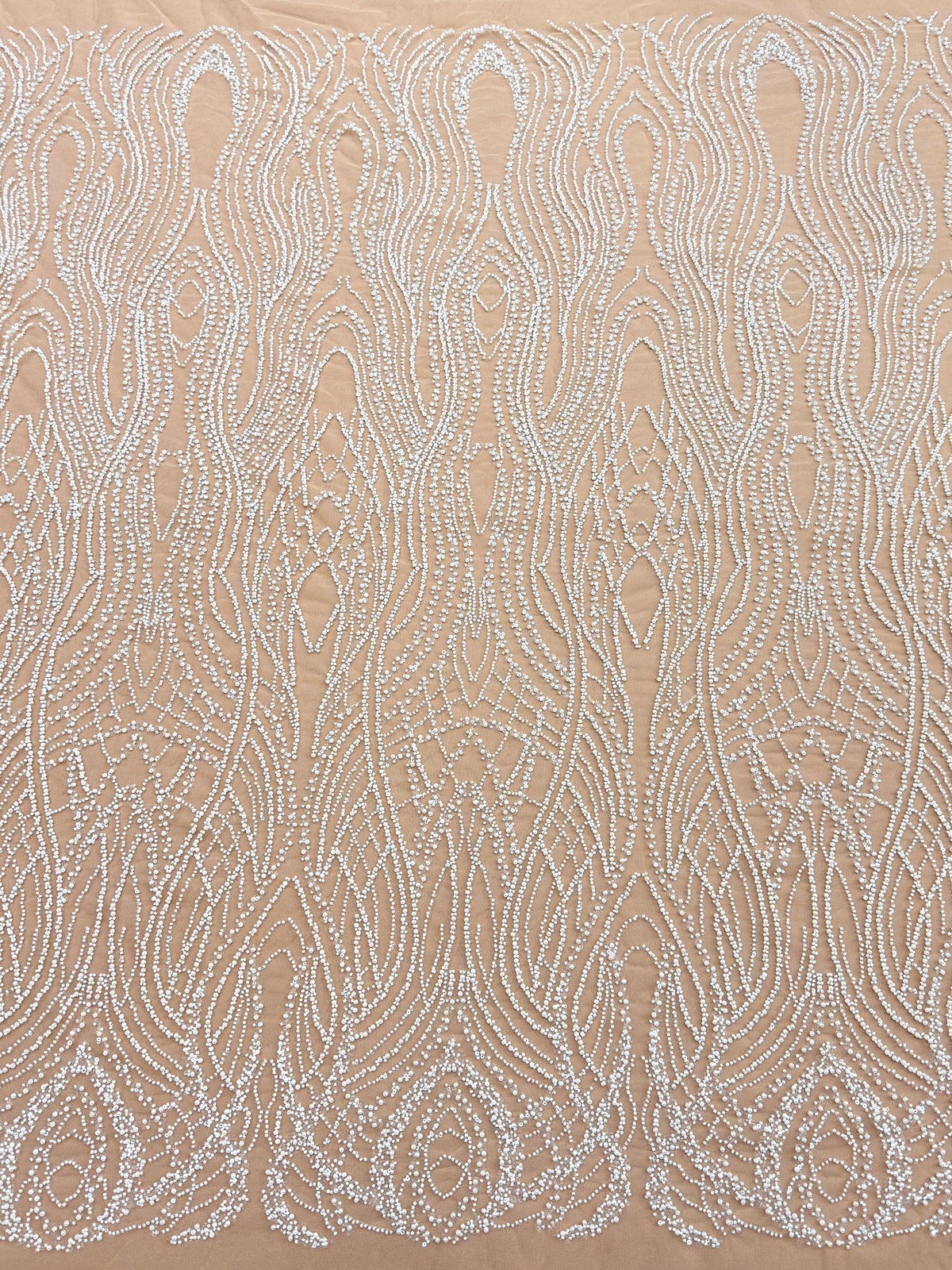 Silver Lace with Nude Tulle with Linear Pattern, Beads and Sequins