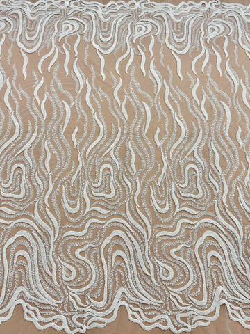 Dantela Ivory cu Model Geometric, cu Margele si Paiete