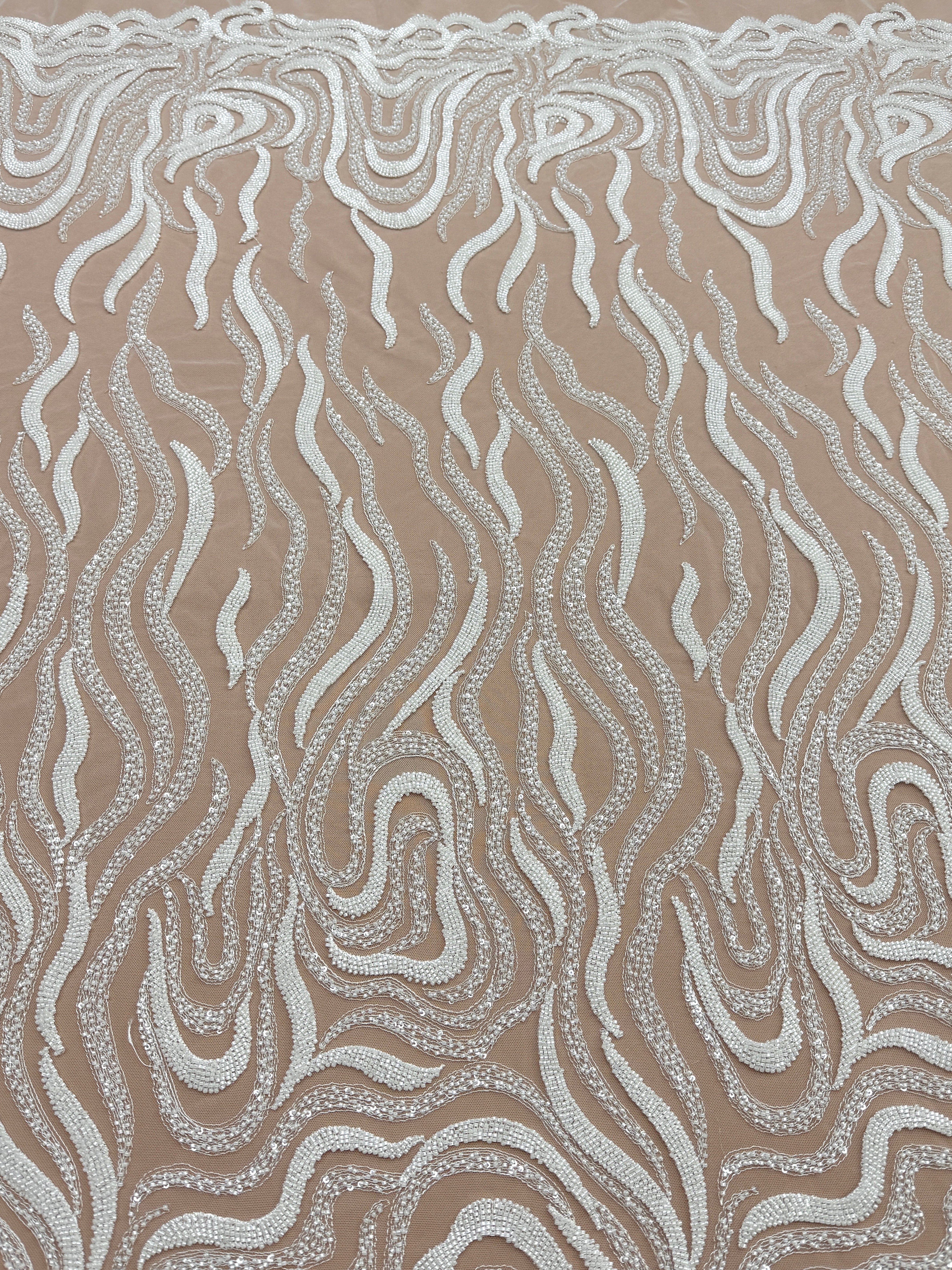 Dantela Ivory cu Model Geometric, cu Margele si Paiete