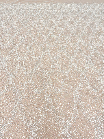 Dantela Ivory cu Model Geometric, cu Perle, Margele si Paiete
