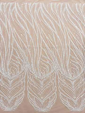 Dantela Ivory cu Model Geometric, cu Perle, Margele si Paiete