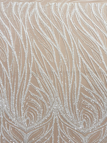 Dantela Ivory cu Model Geometric, cu Perle, Margele si Paiete