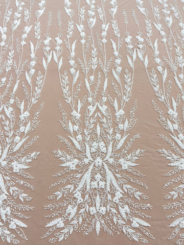 Dantela Couture Ivory cu Model Floral, Perle, Margele si Paiete