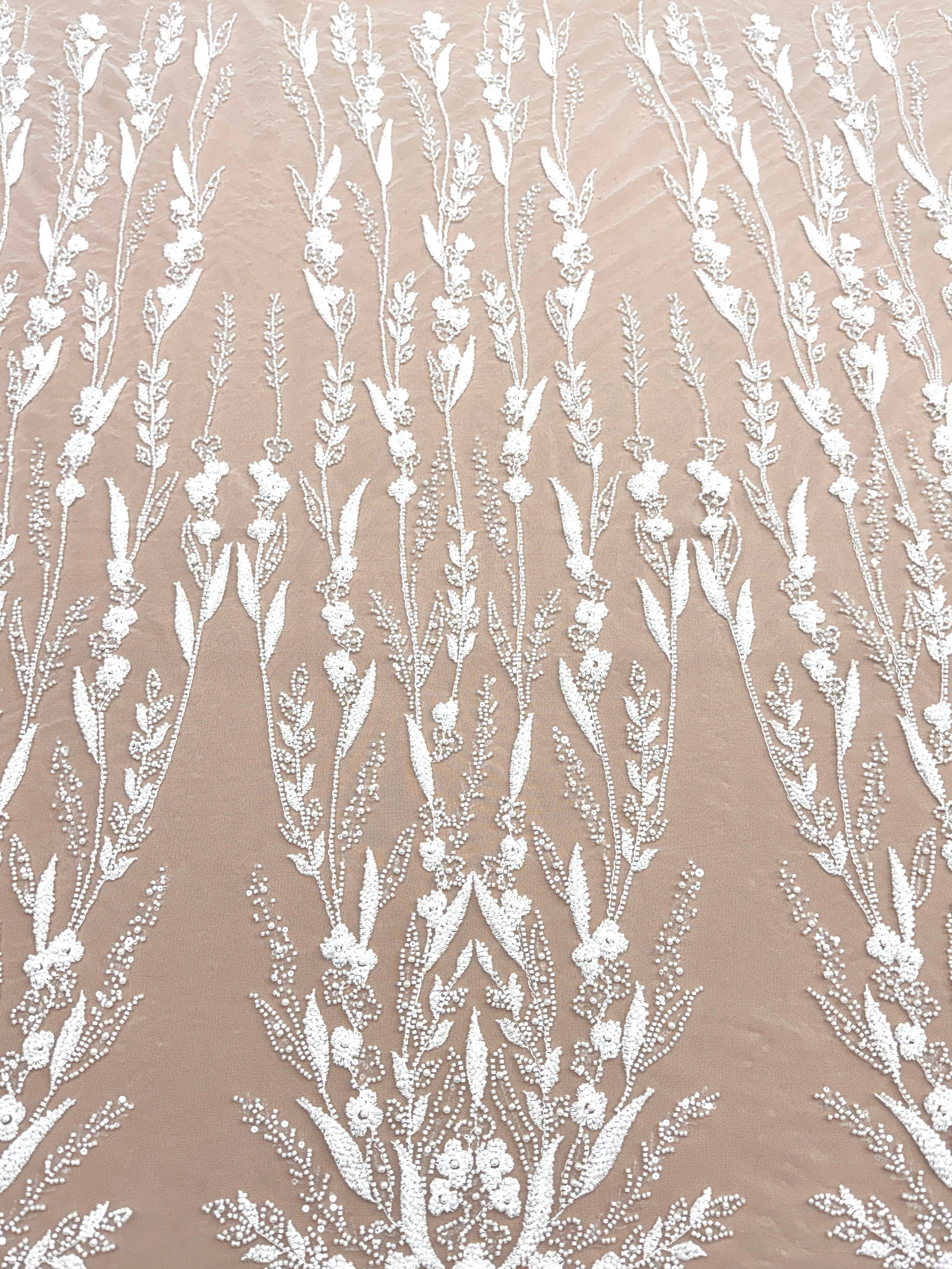 Dantela Couture Ivory cu Model Floral, Perle, Margele si Paiete