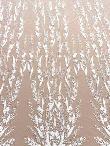 Dantela Couture Ivory cu Model Floral, Perle, Margele si Paiete