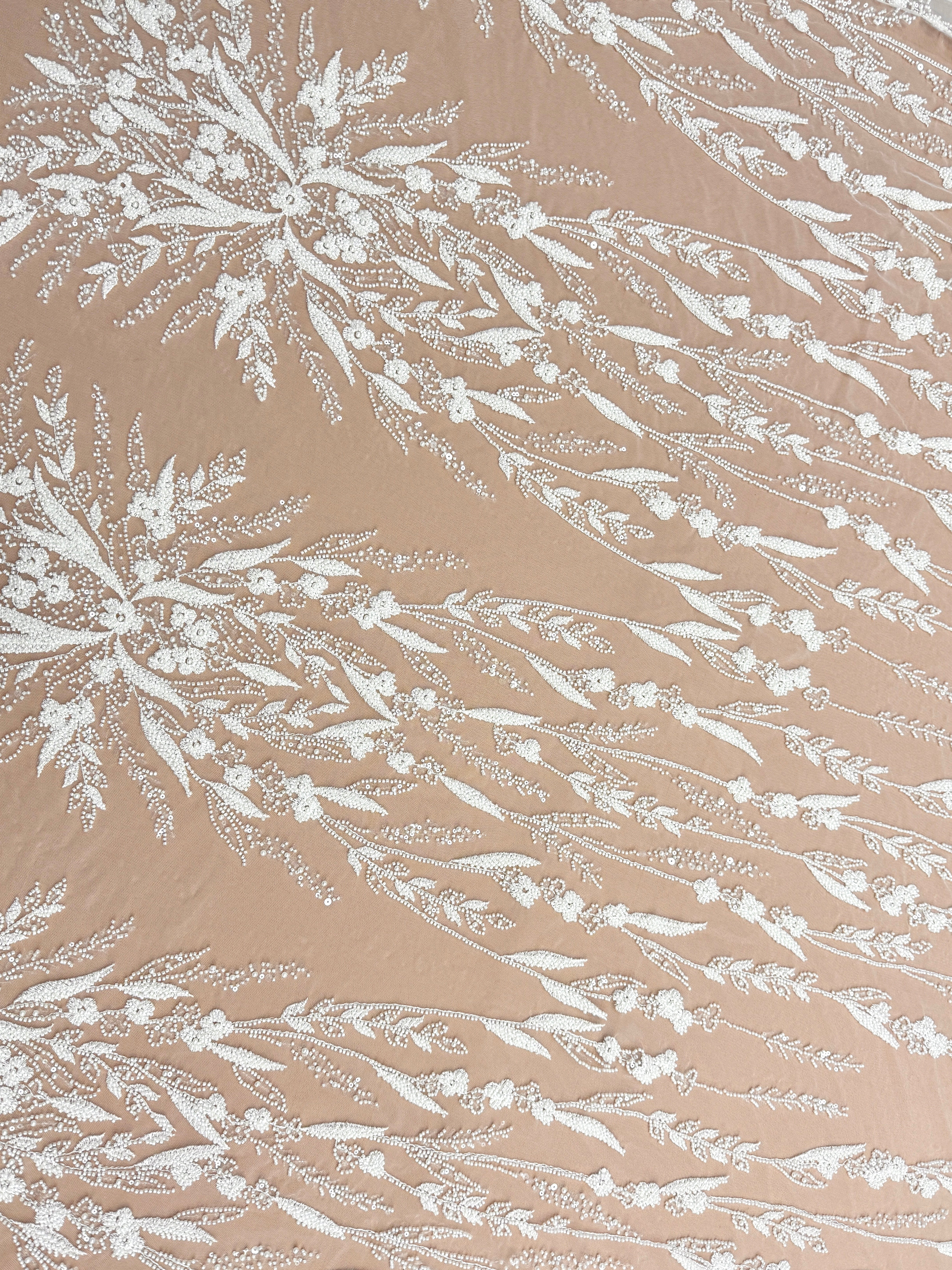 Dantela Couture Ivory cu Model Floral, Perle, Margele si Paiete