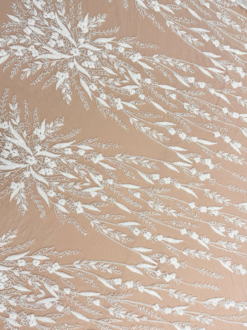 Dantela Couture Ivory cu Model Floral, Perle, Margele si Paiete