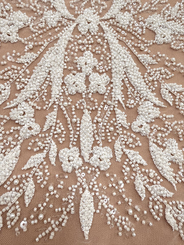 Dantela Couture Ivory cu Model Floral, Perle, Margele si Paiete