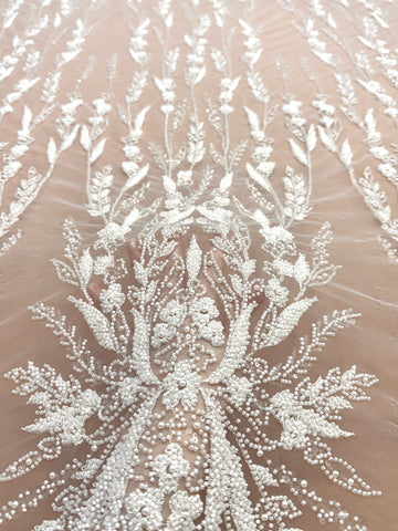 Dantela Couture Ivory cu Model Floral, Perle, Margele si Paiete