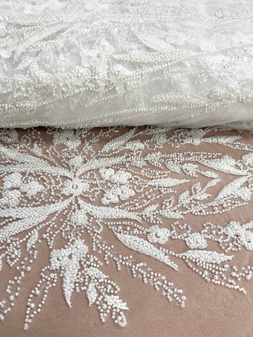 Dantela Couture Ivory cu Model Floral, Perle, Margele si Paiete