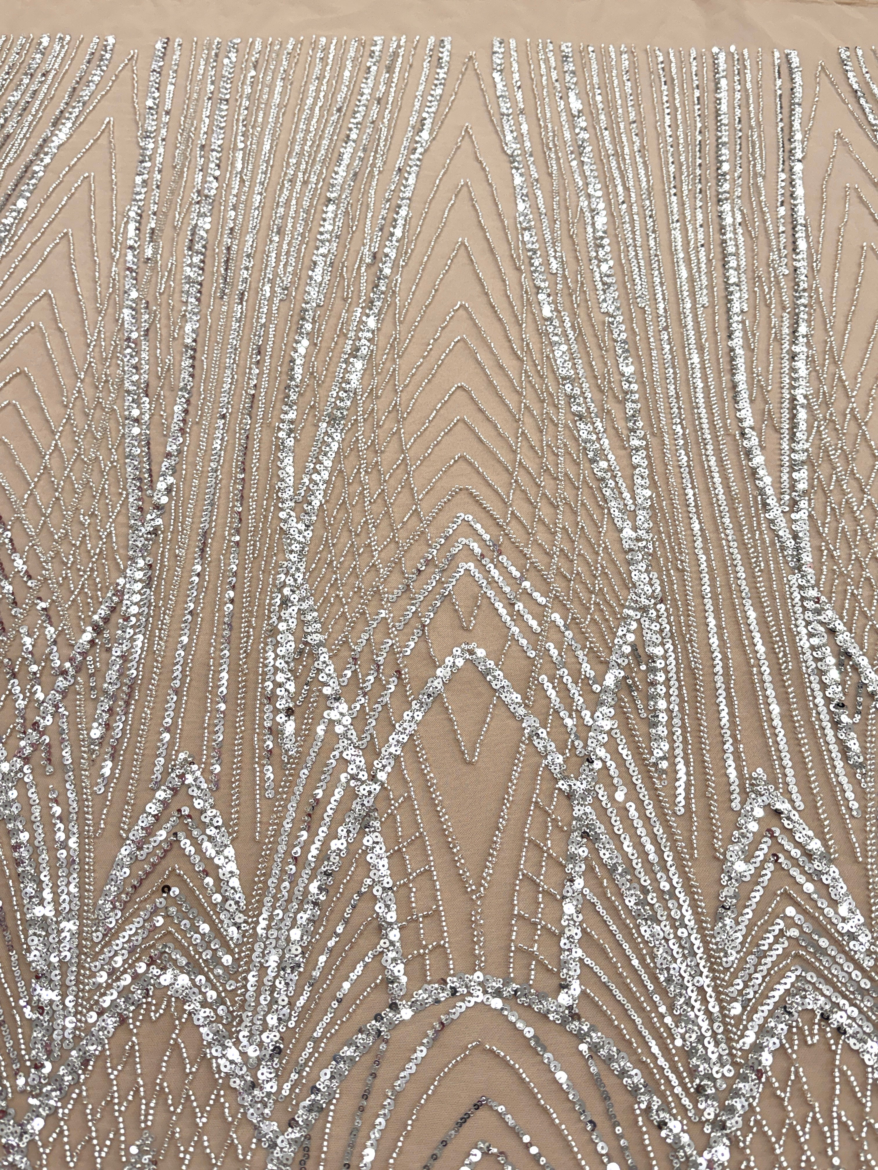 Dantela Couture Argintie pe Tulle Nude cu Panou, cu Margele si Paiete