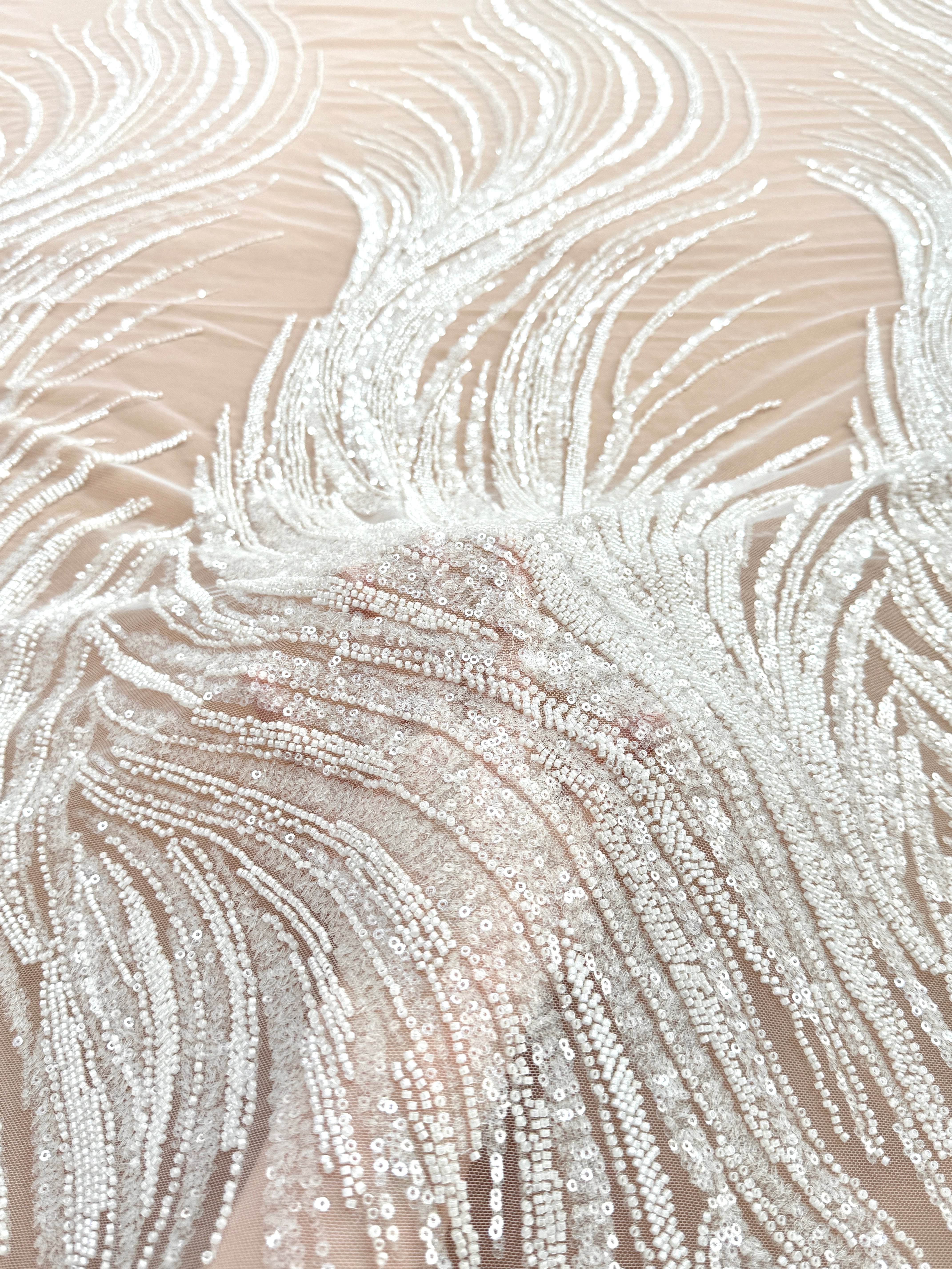 Dantela Couture Ivory cu Panou, cu Margele si Paiete