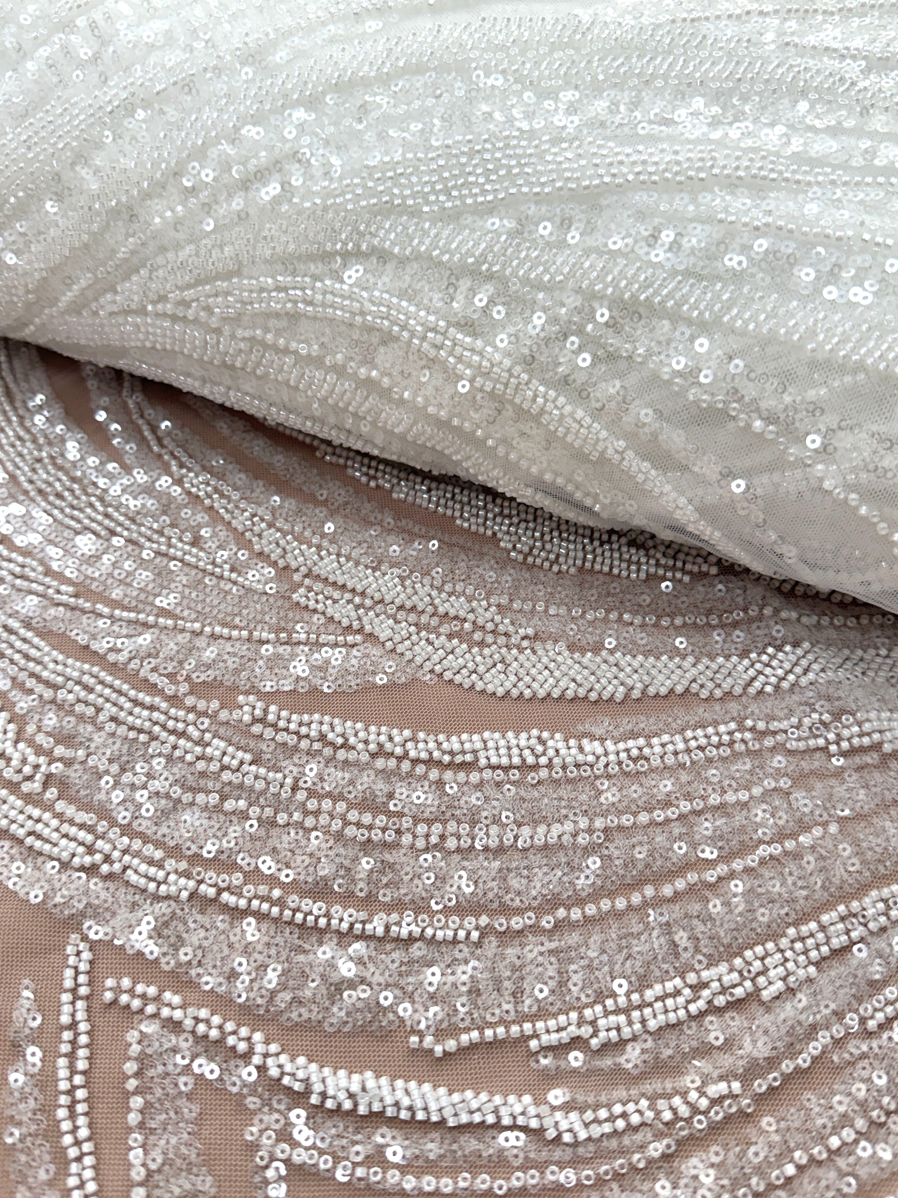 Dantela Couture Ivory cu Panou, cu Margele si Paiete