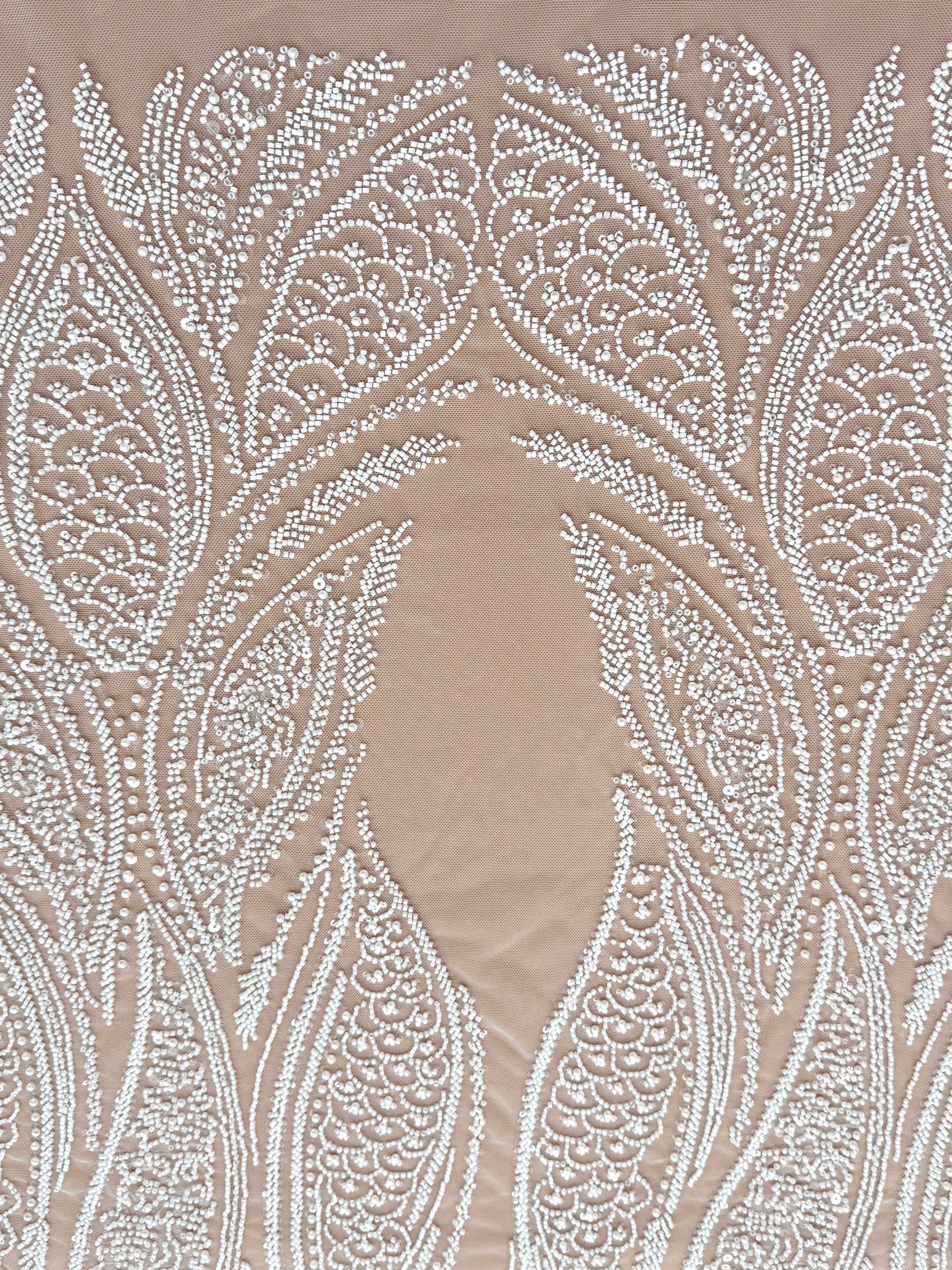 Dantela Couture Ivory cu Panou cu Perle, Margele si Paiete