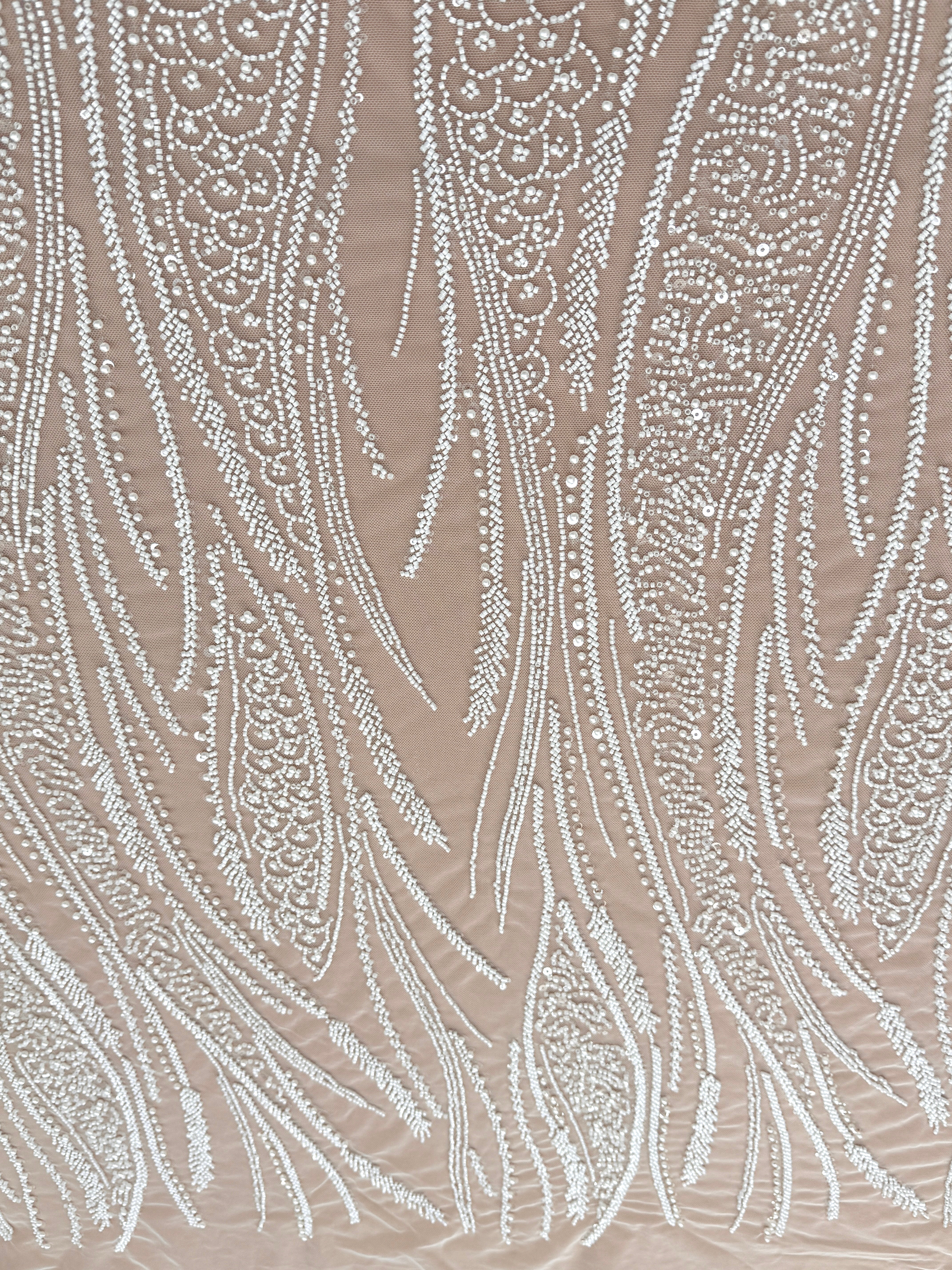 Dantela Couture Ivory cu Panou cu Perle, Margele si Paiete