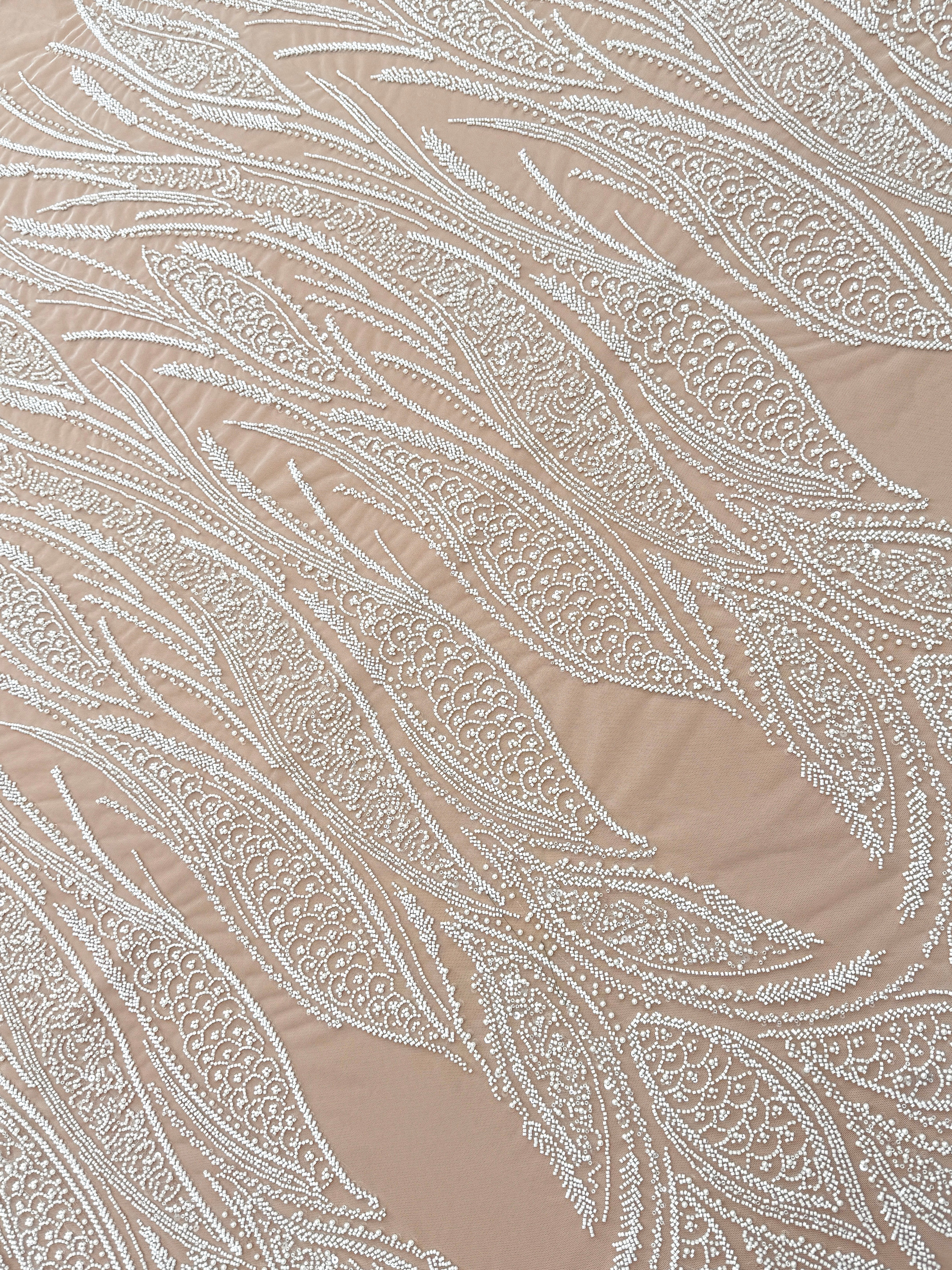 Dantela Couture Ivory cu Panou cu Perle, Margele si Paiete