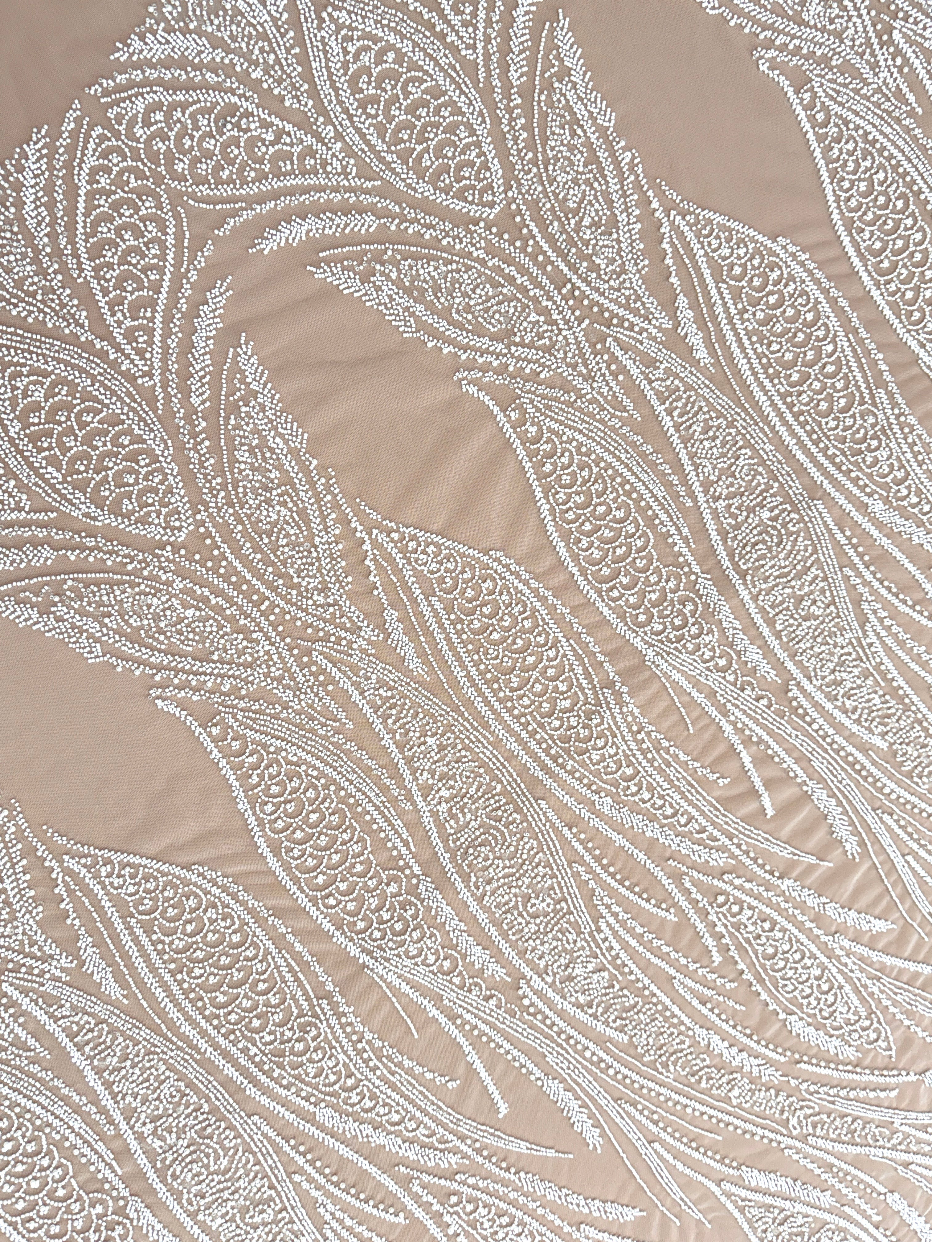 Dantela Couture Ivory cu Panou cu Perle, Margele si Paiete