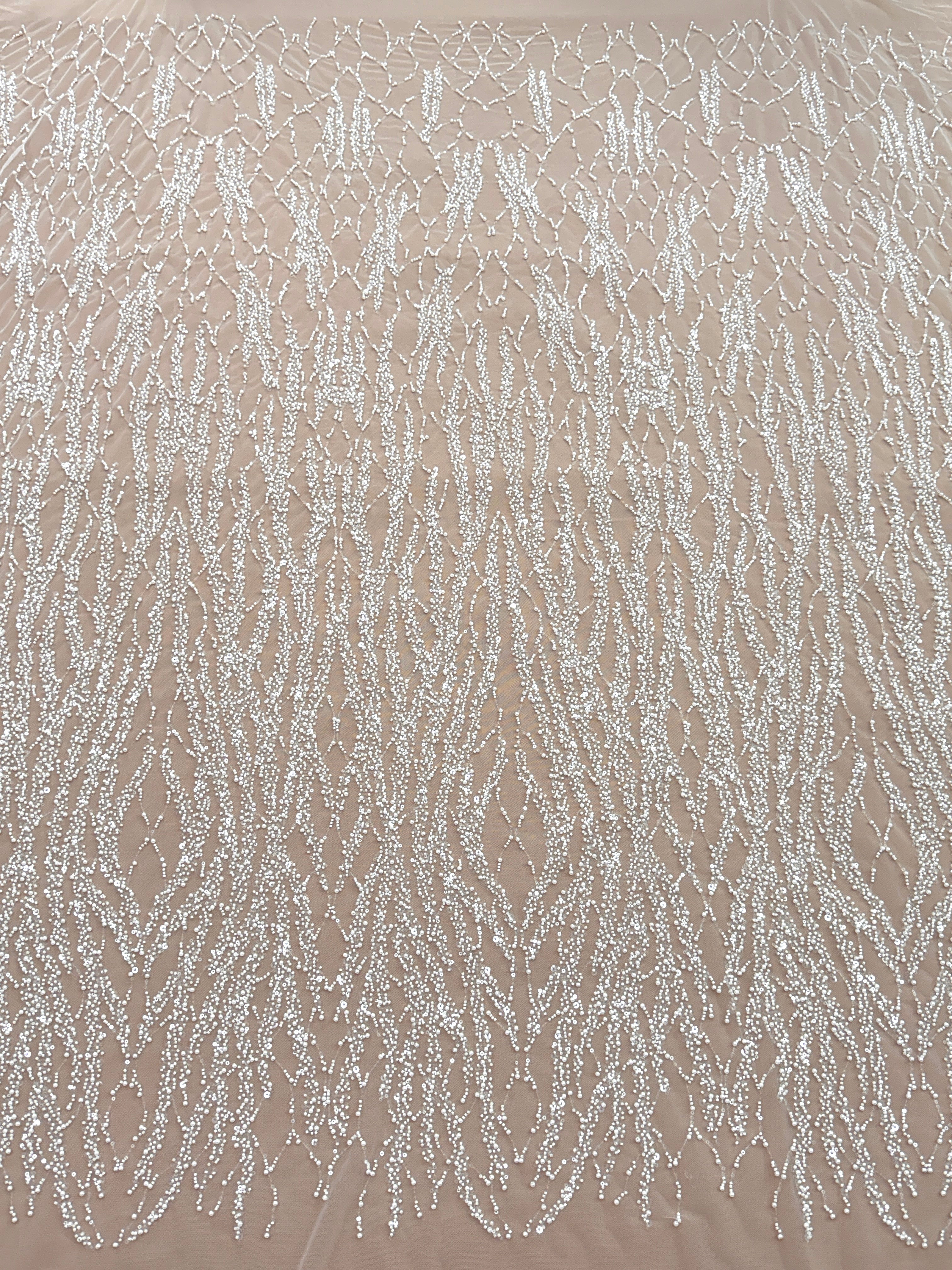 Dantela Couture Ivory cu Siraguri, cu Perle, Margele si Paiete