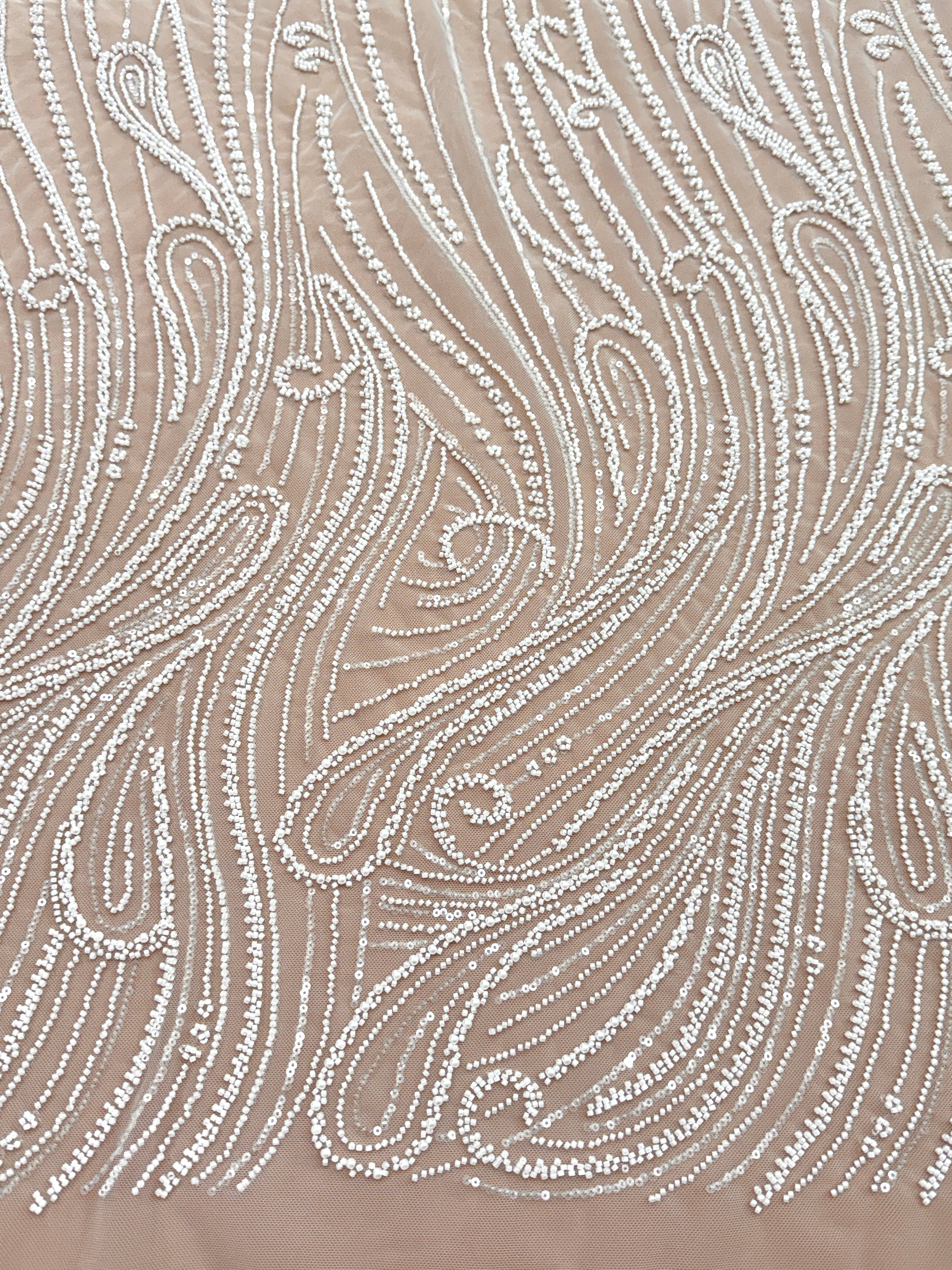 Dantela Couture Ivory cu Model Geometric, cu Perle, Margele si Paiete