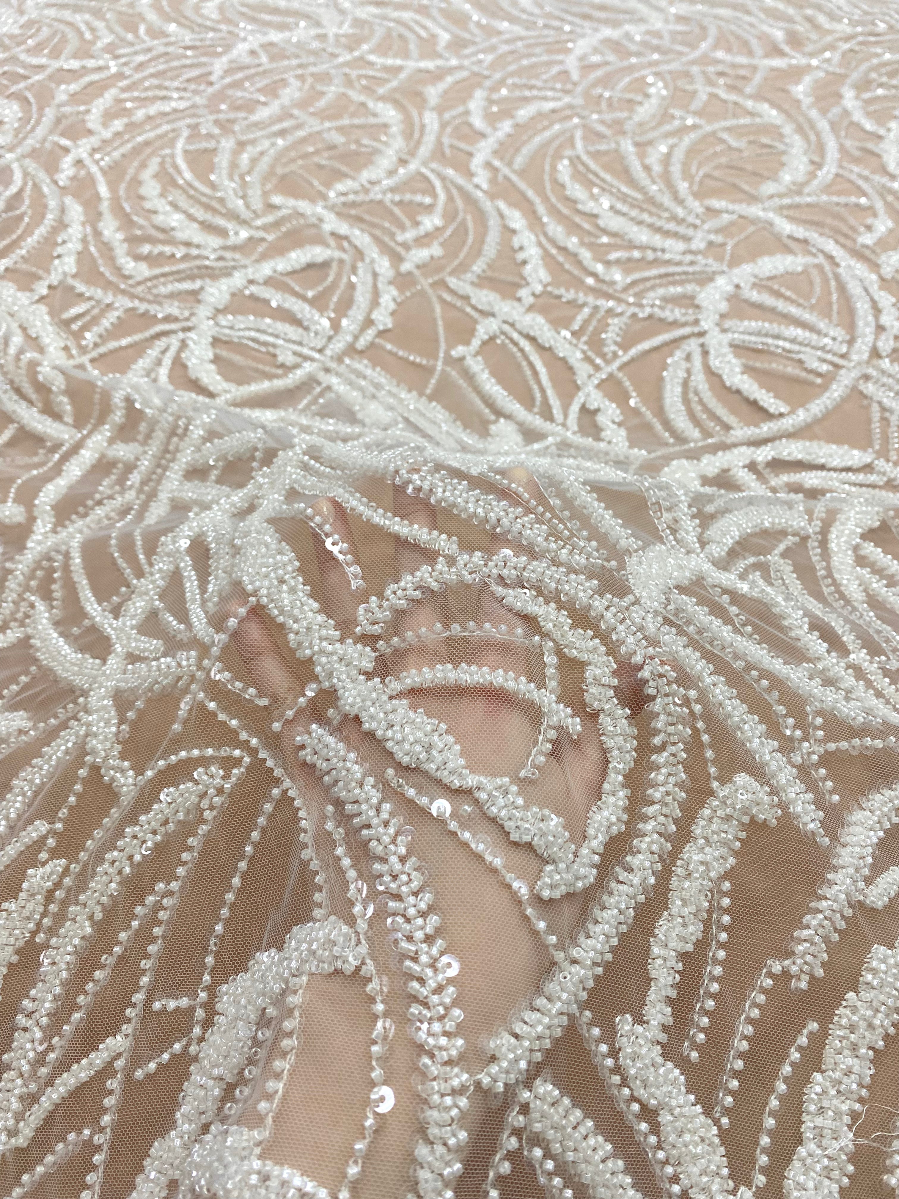 Dantela Couture Ivory cu Model Geometric, cu Margele si Paiete