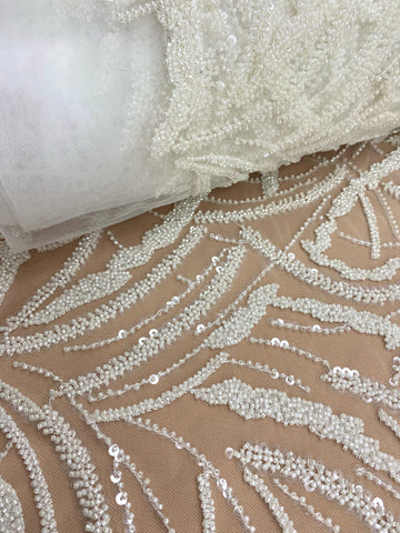 Dantela Couture Ivory cu Model Geometric, cu Margele si Paiete