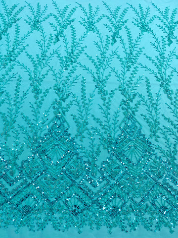 Dantela Couture Turcoaz cu Model Geometric, cu Margele si Paiete