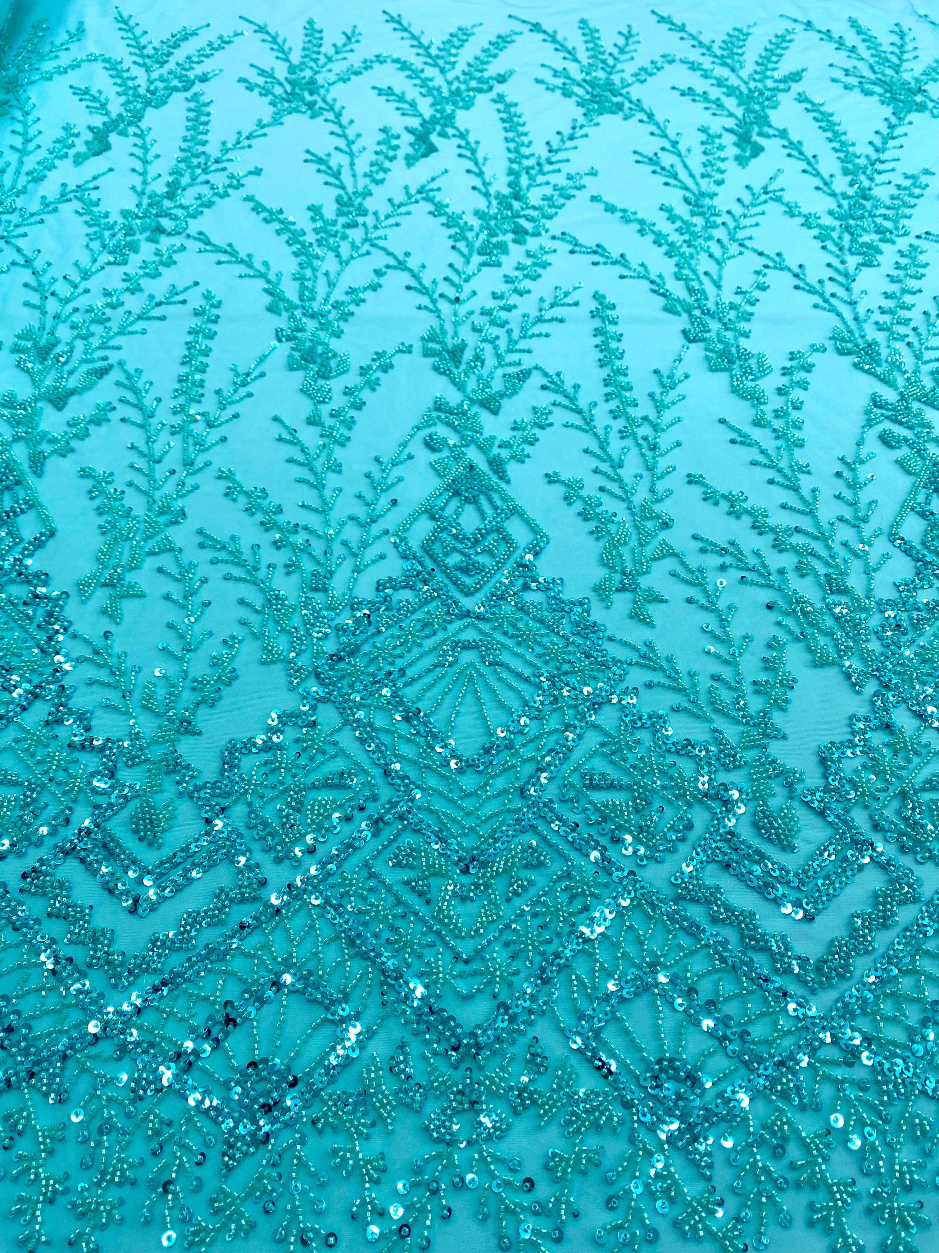 Dantela Couture Turcoaz cu Model Geometric, cu Margele si Paiete