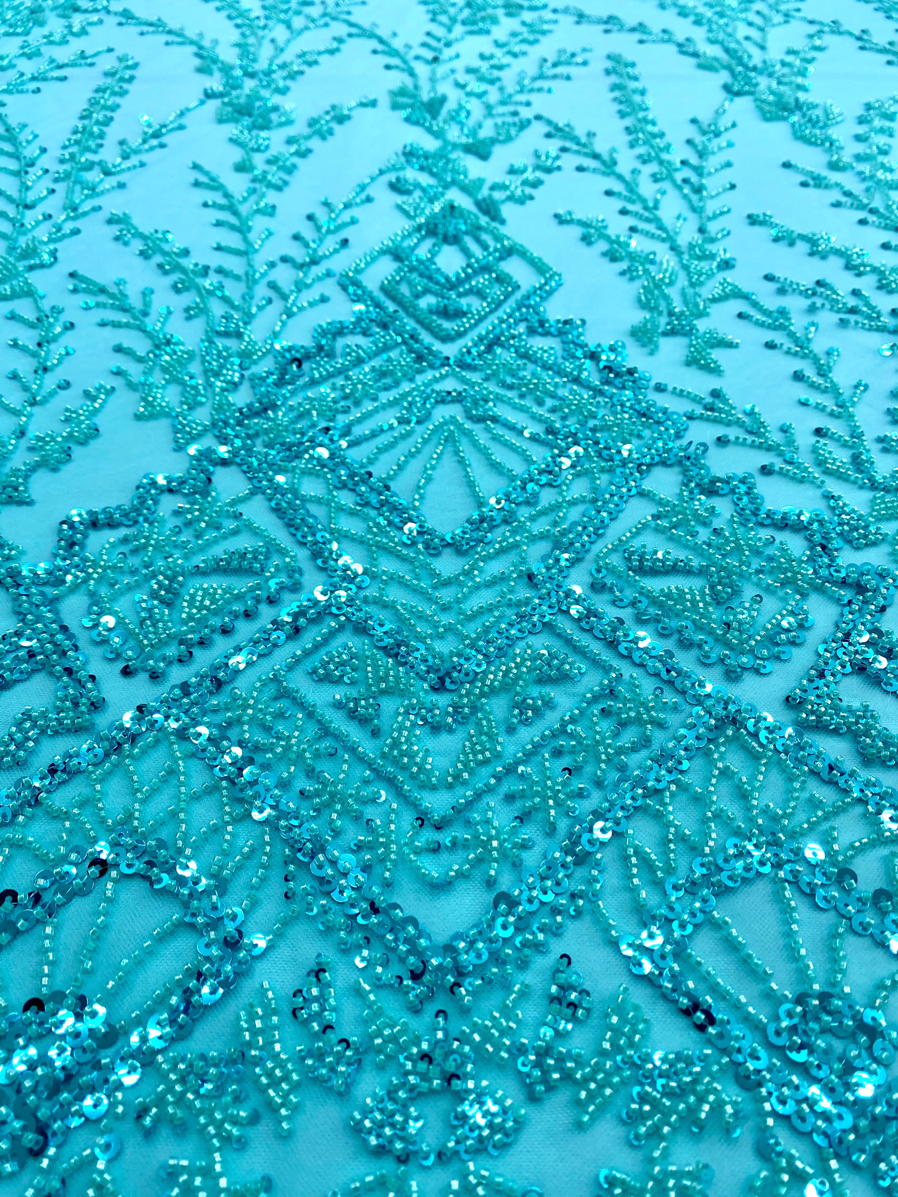 Dantela Couture Turcoaz cu Model Geometric, cu Margele si Paiete