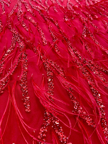 Dantela Couture Rosie cu Pene de Strut, cu Siraguri, cu Margele si Paiete