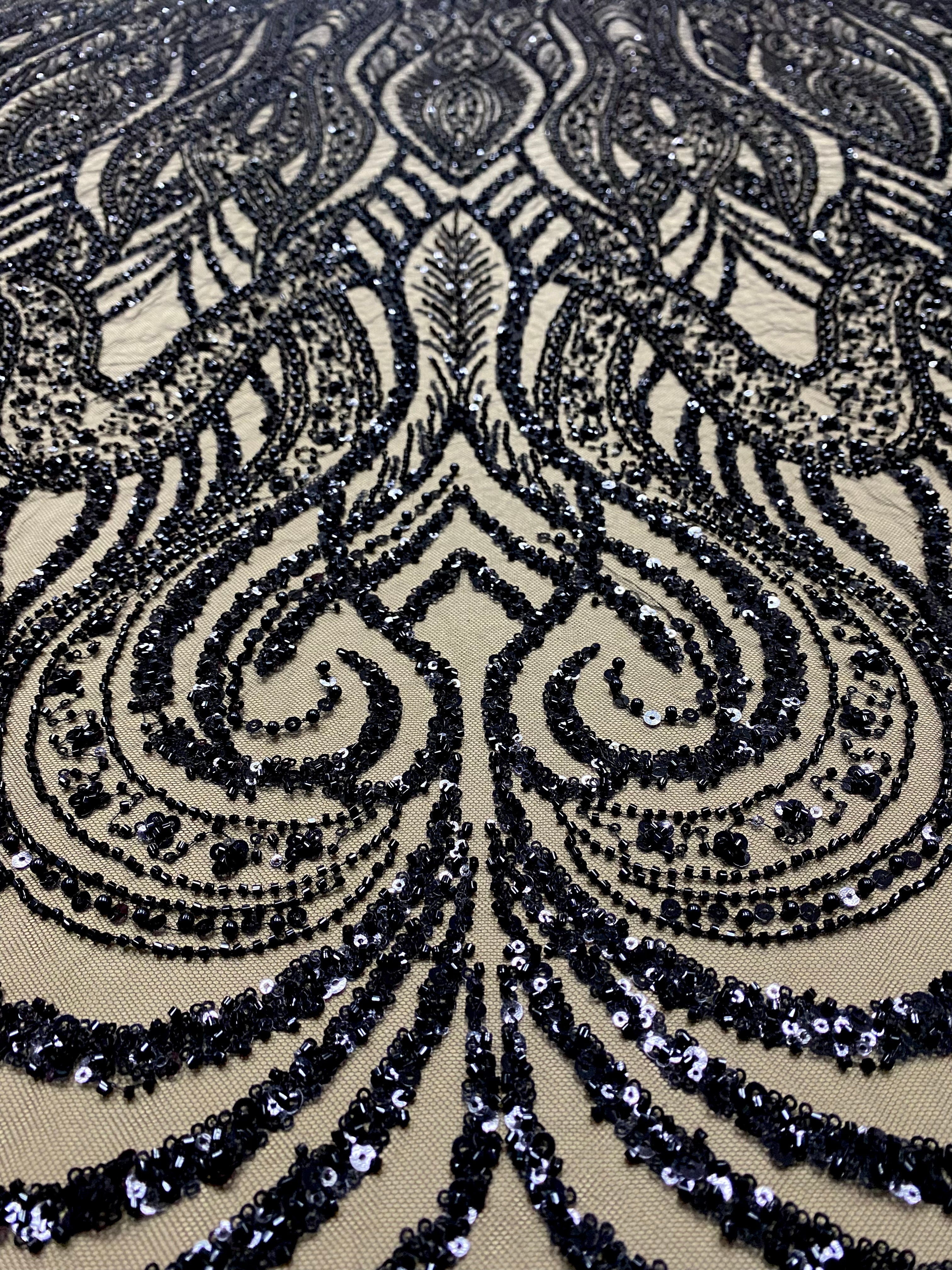 Dantela Couture Neagra cu Model Simetric, cu Perle, Margele si Paiete