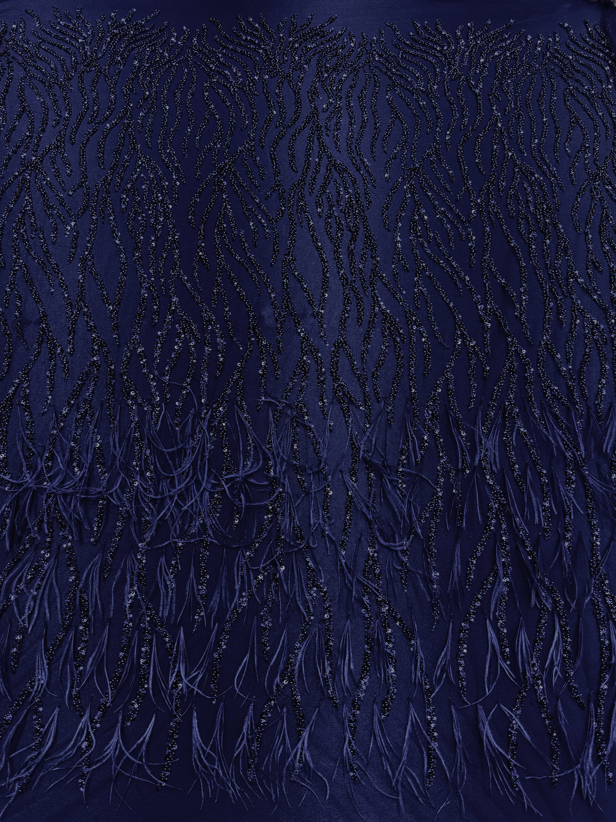 Dantela Couture Bleumarin cu Pene de Strut, cu Siraguri, cu Margele si Paiete