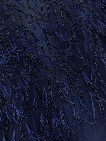 Dantela Couture Bleumarin cu Pene de Strut, cu Siraguri, cu Margele si Paiete