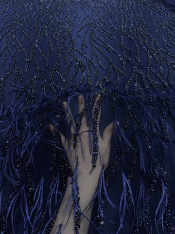 Dantela Couture Bleumarin cu Pene de Strut, cu Siraguri, cu Margele si Paiete