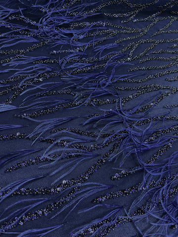 Dantela Couture Bleumarin cu Pene de Strut, cu Siraguri, cu Margele si Paiete