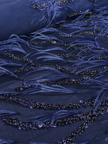 Dantela Couture Bleumarin cu Pene de Strut, cu Siraguri, cu Margele si Paiete