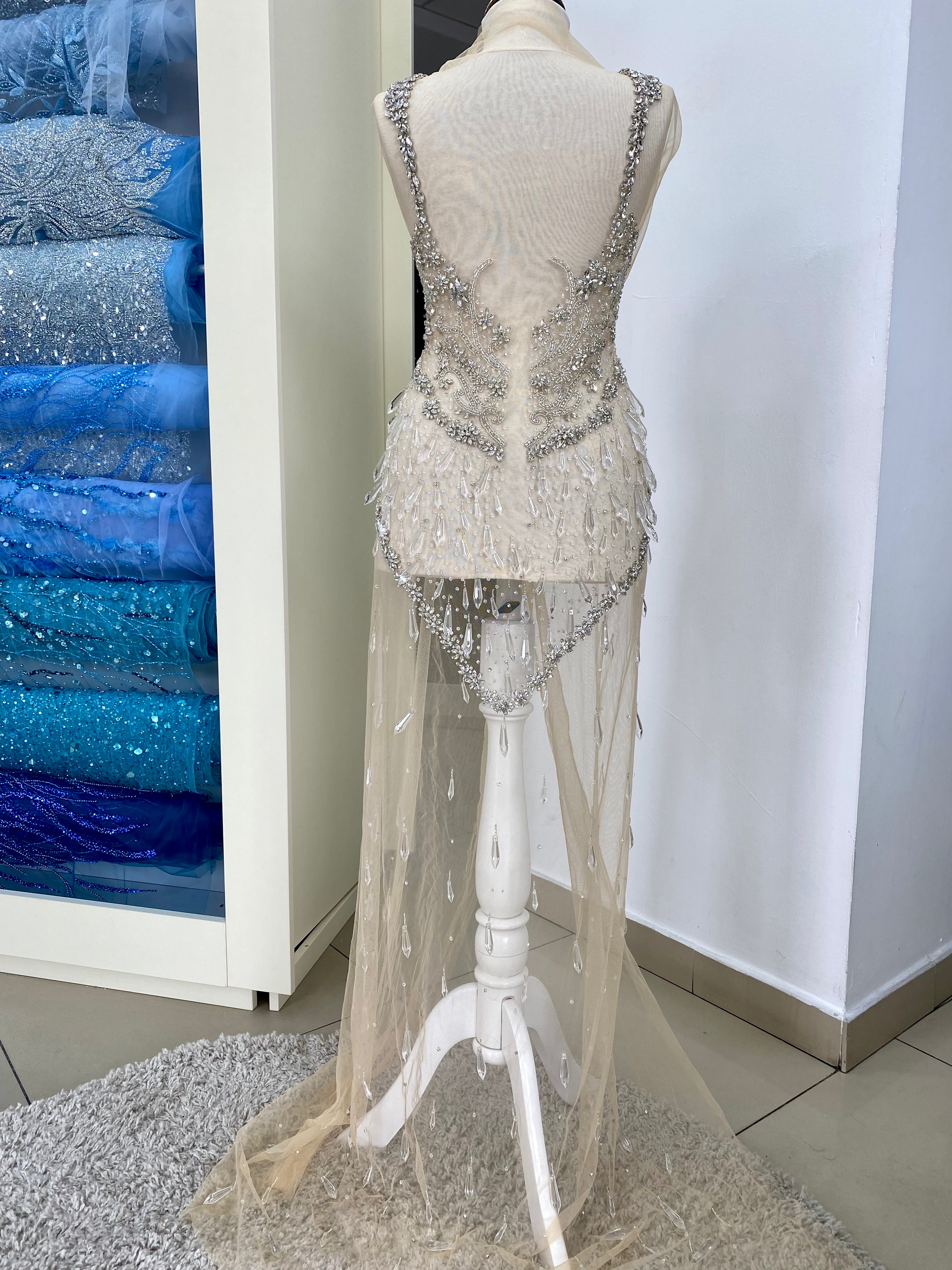 Set de Panouri (Fata si Spate) Haute Couture Argintii pe Tulle Nude, cu Franjuri, Cristale si Margele