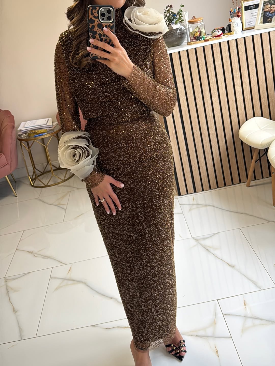 Dantela Couture Antik Arany Általános Mintával, Gyöngyökkel és Flitterekkel