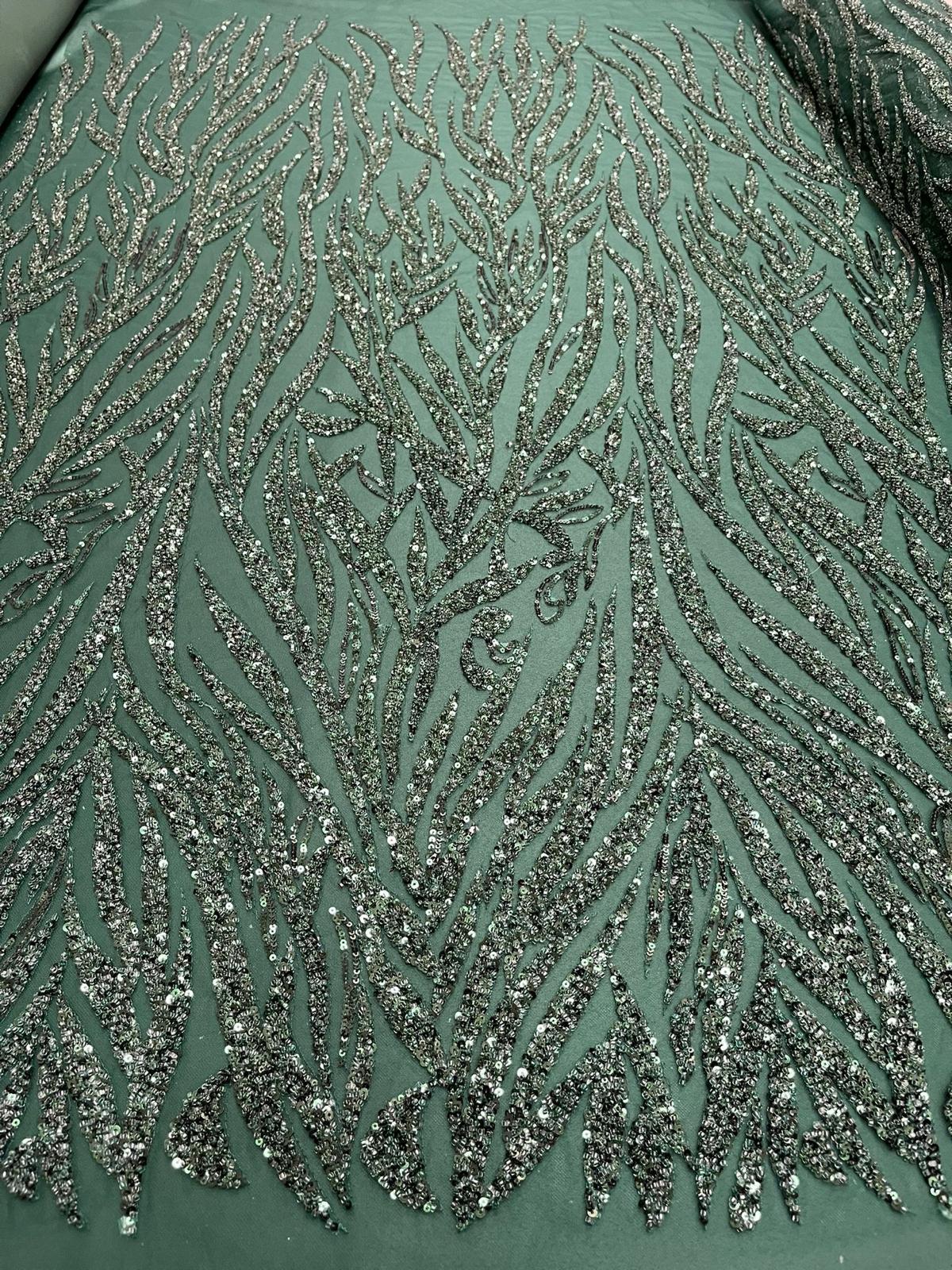Cupon 1.15 m - Dantela Couture Verde Smarald cu Siraguri, Margele si Paiete