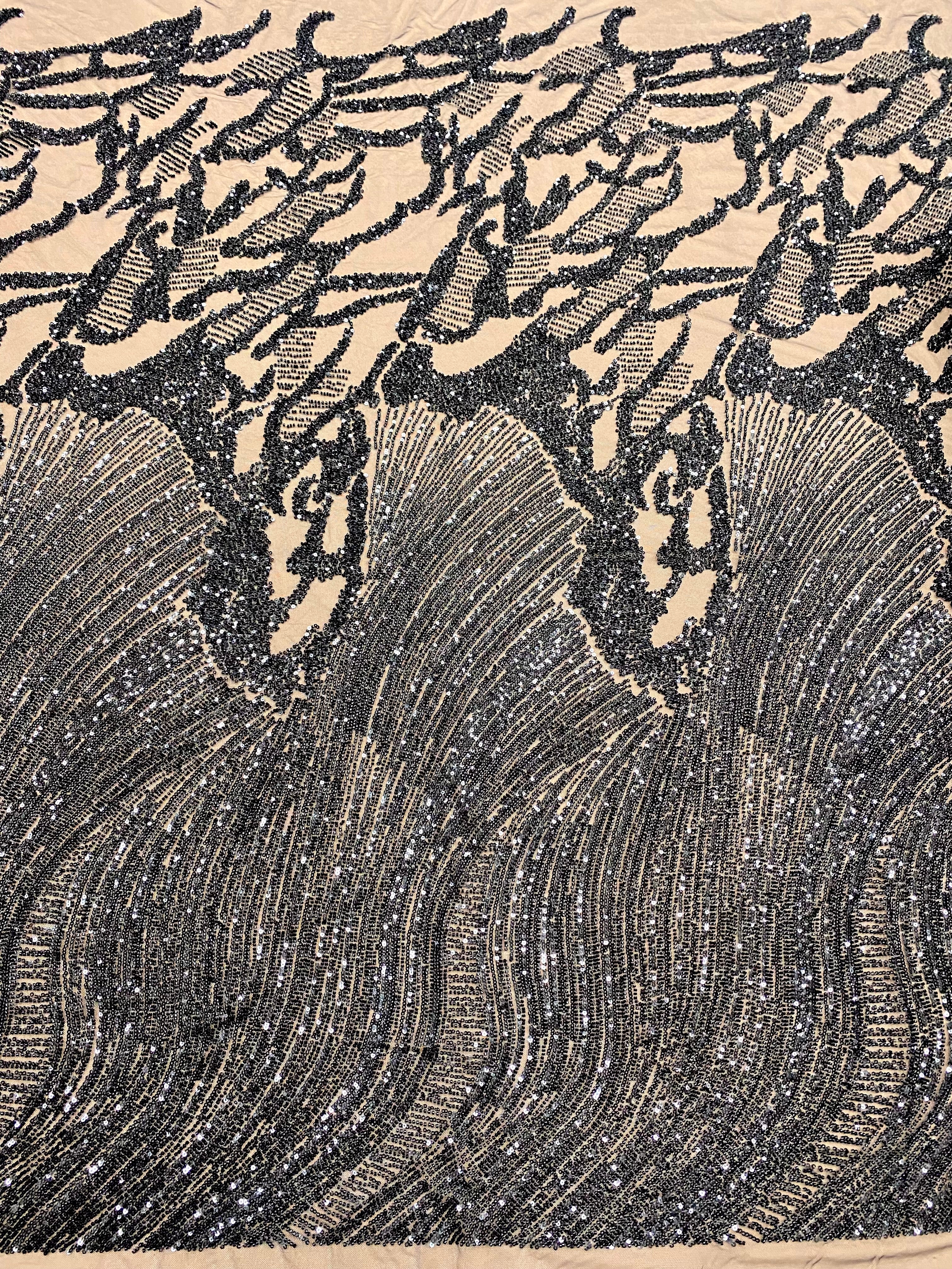 Dantela Couture Neagra cu Model Geometric, cu Margele si Paiete